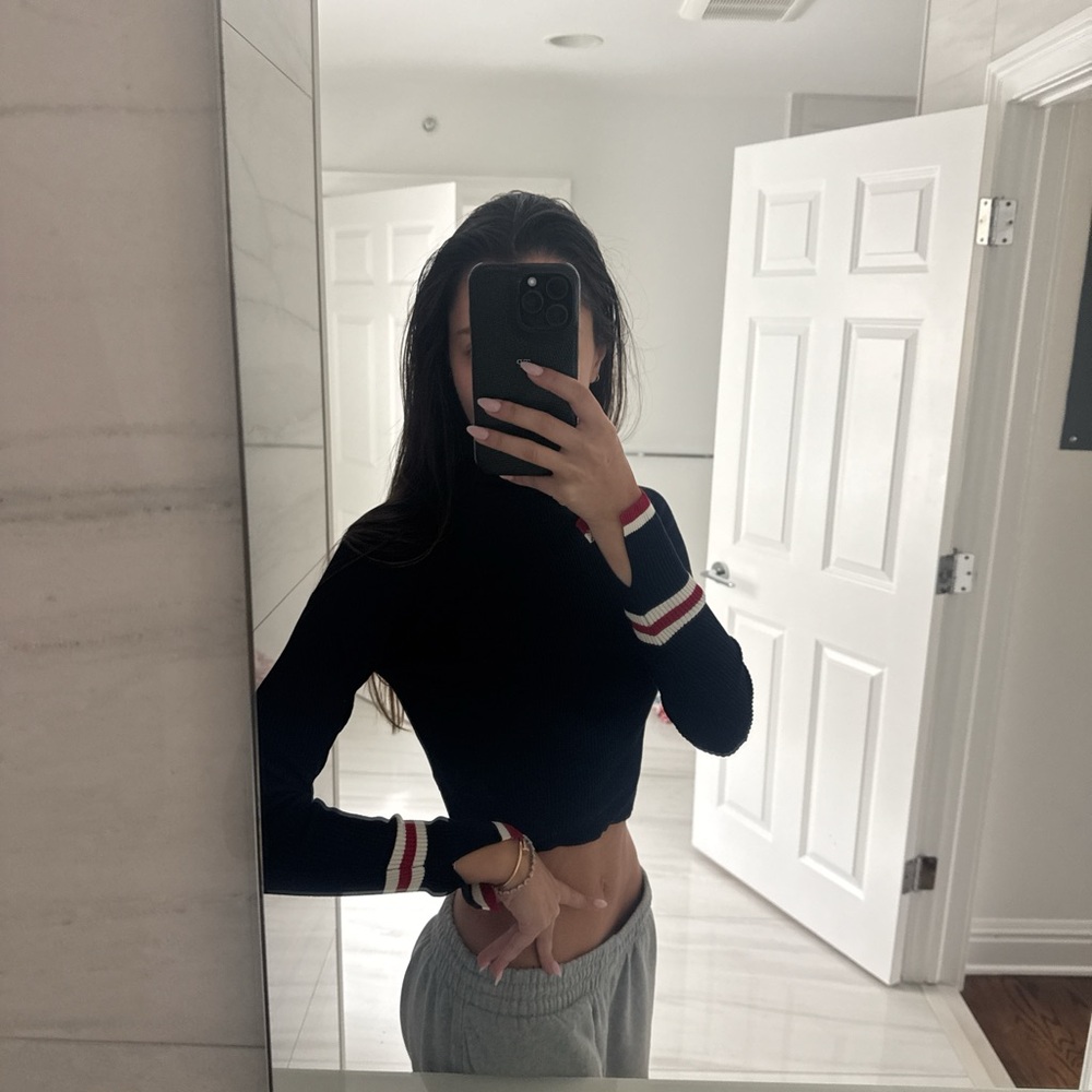 Zara Black Cropped Ribbed Top with Red & White Stripe Cuffs